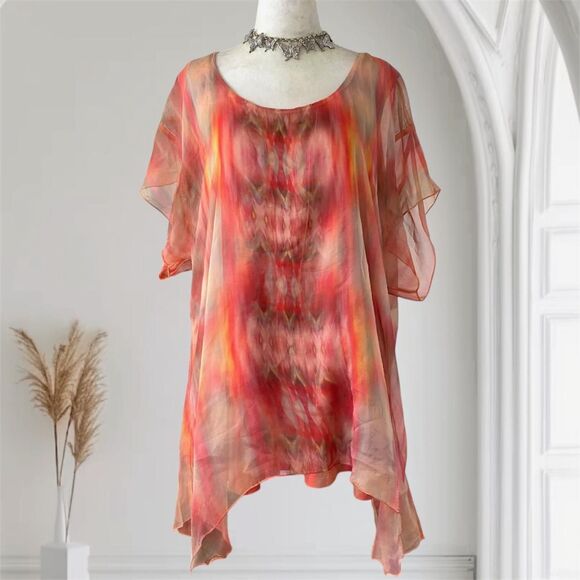 One World Boho Bat Sleeve Orange Red Tie Dye Asymmetric Shawl Top Plus Size 1X - Picture 1 of 8